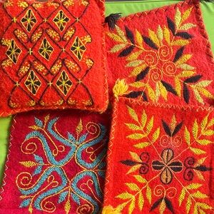 Set of 4 Vintage Hand Sewn Embroidered Decorative Throw Pillows